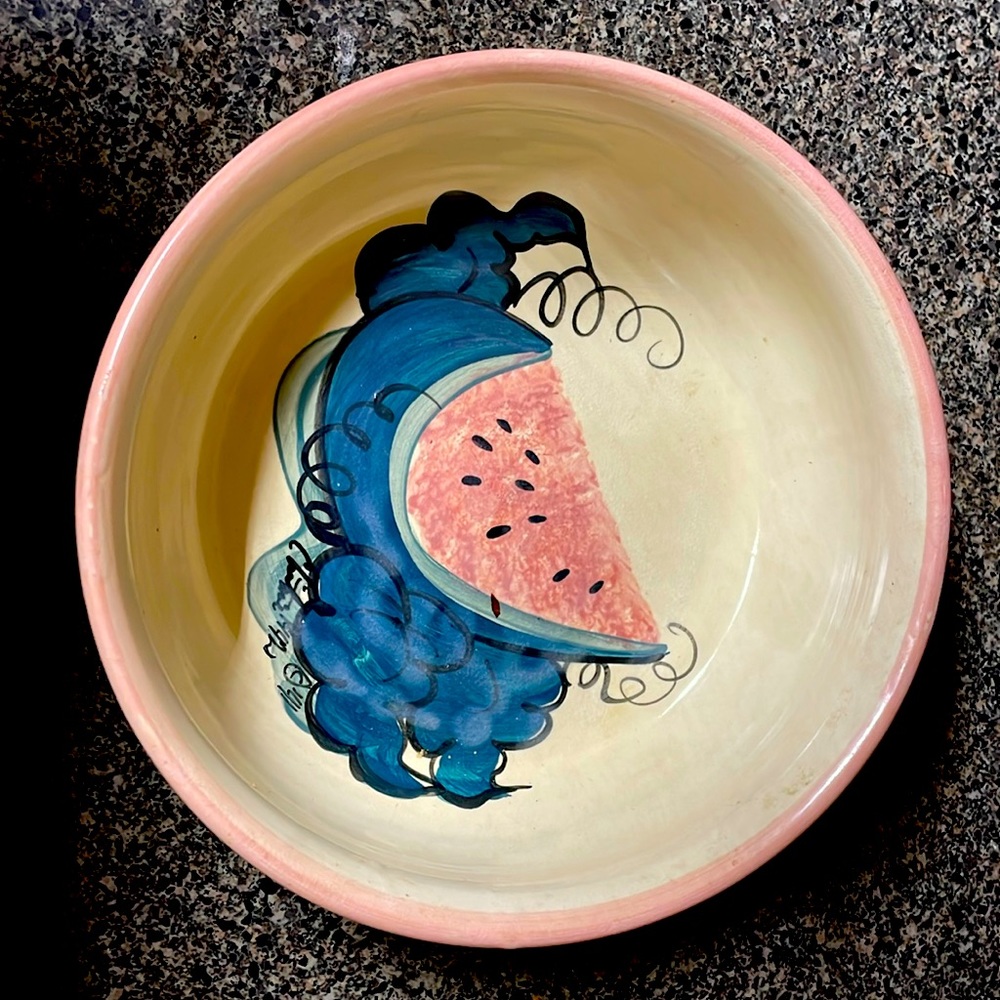 Vintage MARSHALL TX POTTERY, ELLIS PROD., Painted Watermelon Large BOWL 10”!